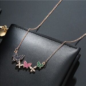 Butterfly Crystal Pendant Necklace 18K Gold Layered Multicolor Sparkle NWT